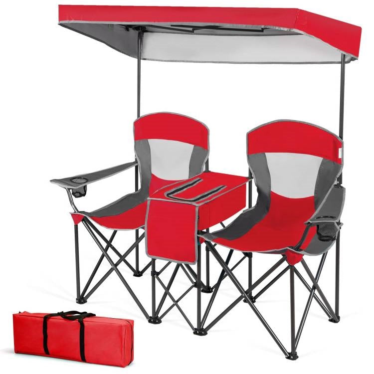 Fast Furnishings Red 2-Piece Folding Camping Canopy Chairs Set with Cup Holder and Storage Pocket