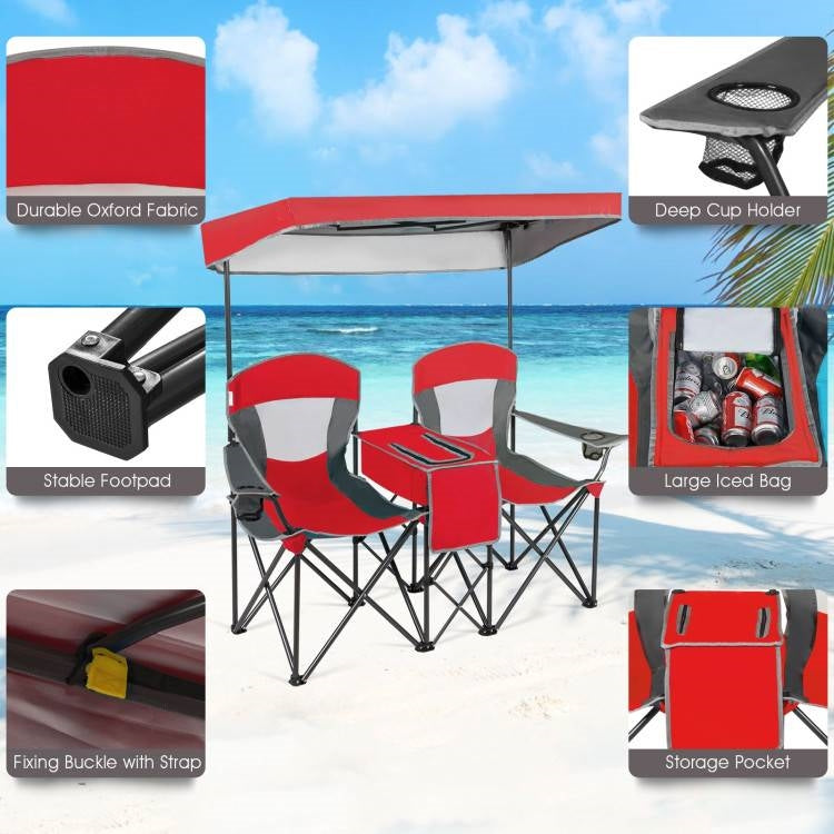 Fast Furnishings Red 2-Piece Folding Camping Canopy Chairs Set with Cup Holder and Storage Pocket