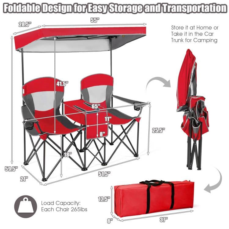 Fast Furnishings Red 2-Piece Folding Camping Canopy Chairs Set with Cup Holder and Storage Pocket