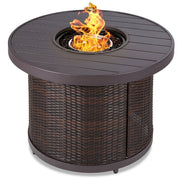 Fast Furnishings 50,000 BTU Brown Wicker Round LP Gas Propane Fire Pit w Faux Wood Tabletop and Cover