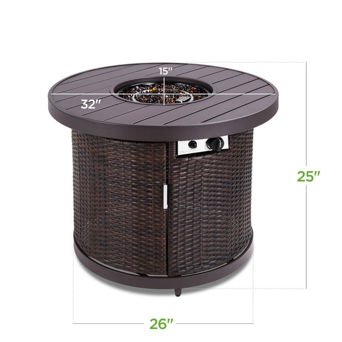 Fast Furnishings 50,000 BTU Brown Wicker Round LP Gas Propane Fire Pit w Faux Wood Tabletop and Cover