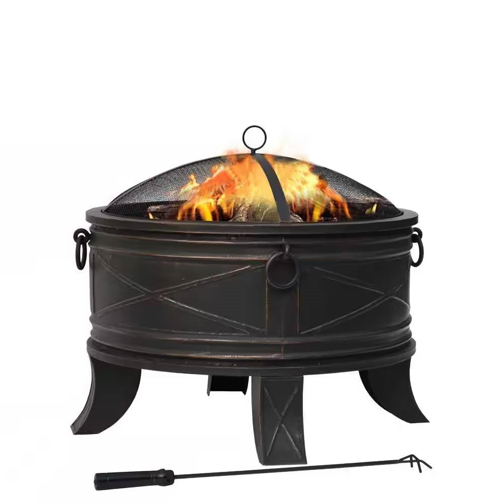 Fast Furnishings 26-inch Round Steel Outdoor Fire Pit with Cover and Poker in Bronze