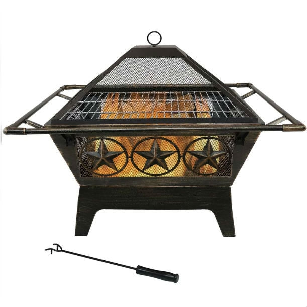 Fast Furnishings Square Outdoor Steel Wood Burning Fire Pit with Star Design