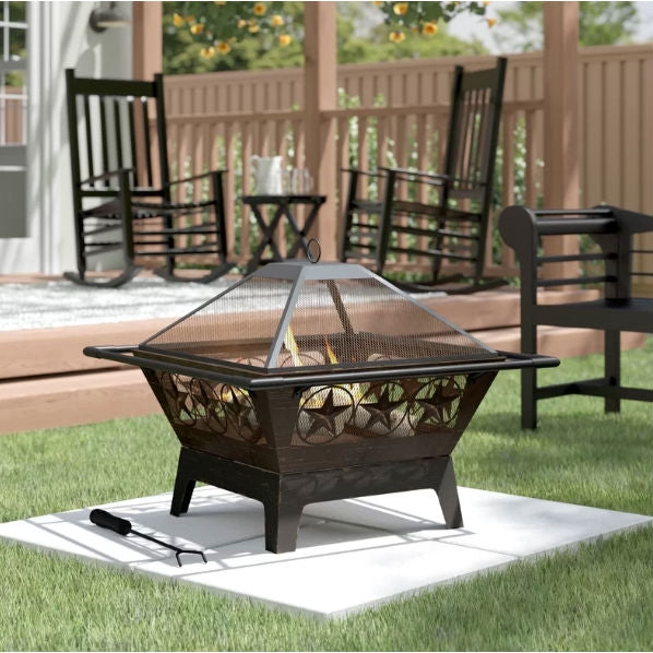 Fast Furnishings Square Outdoor Steel Wood Burning Fire Pit with Star Design