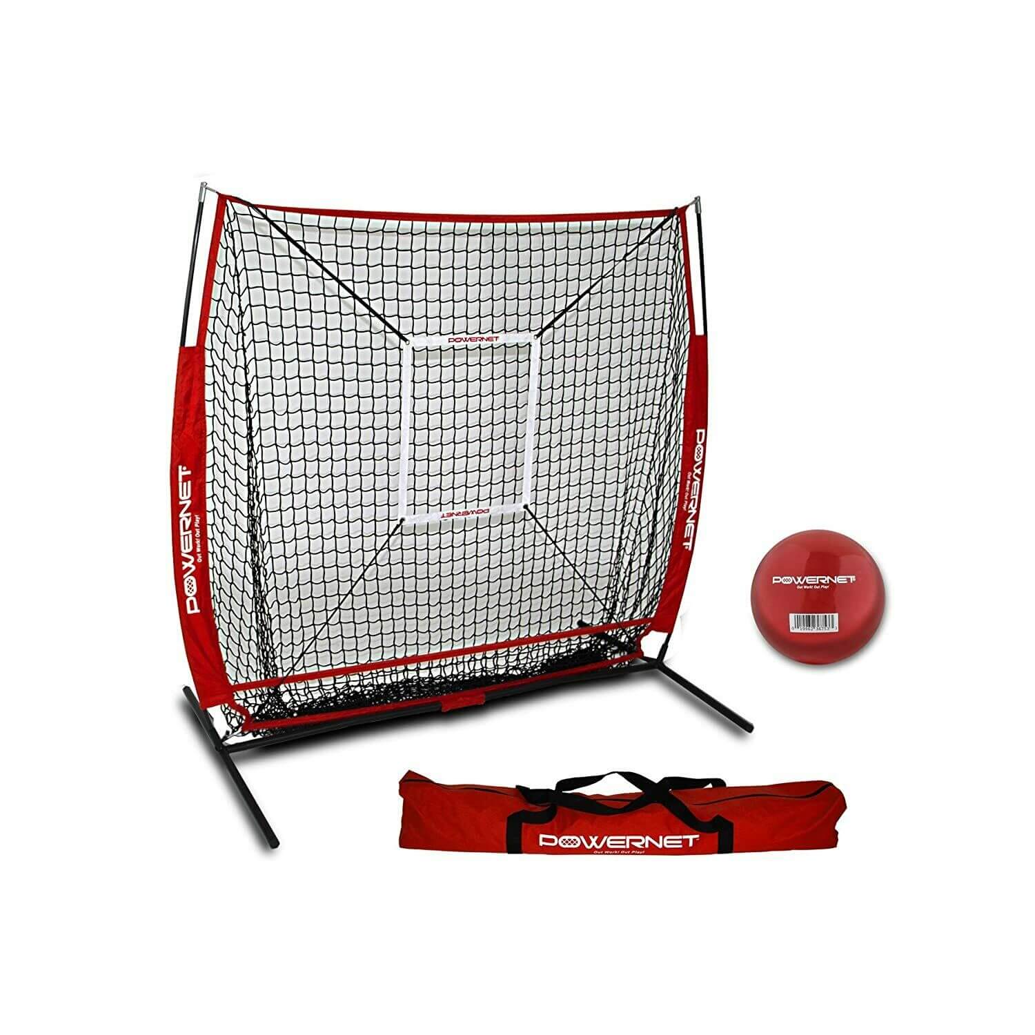 PowerNet 5x5 Practice Hitting Pitching Net + Strike Zone Attachment + Weighted Training Ball Bundle + Carry Bag by Jupiter Gear