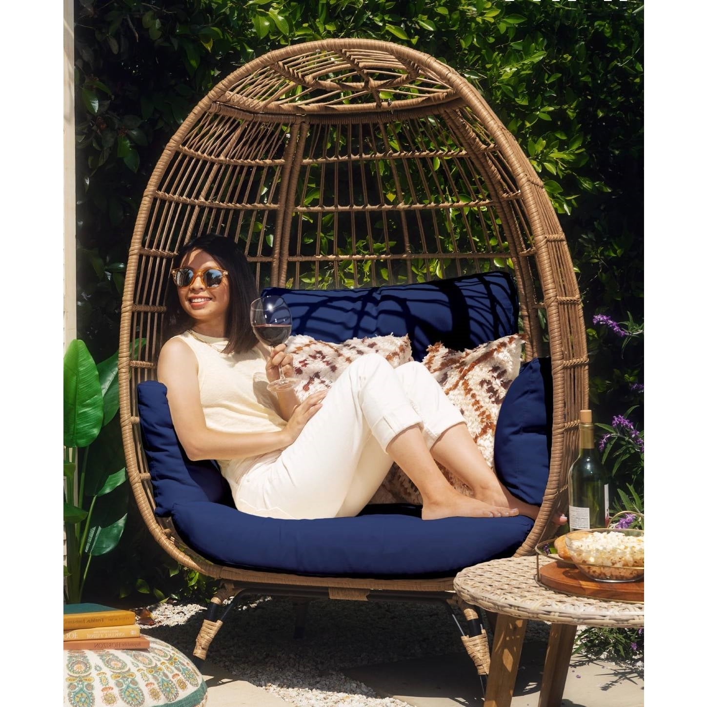 Fast Furnishings Oversized Patio Lounger Indoor/Outdoor Wicker Rattan Egg Chair Dark Blue