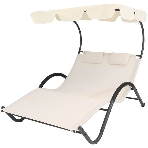 Fast Furnishings 2 Person Off White Outdoor Patio Chaise Lounger Chair Canopy Bed with Pillows