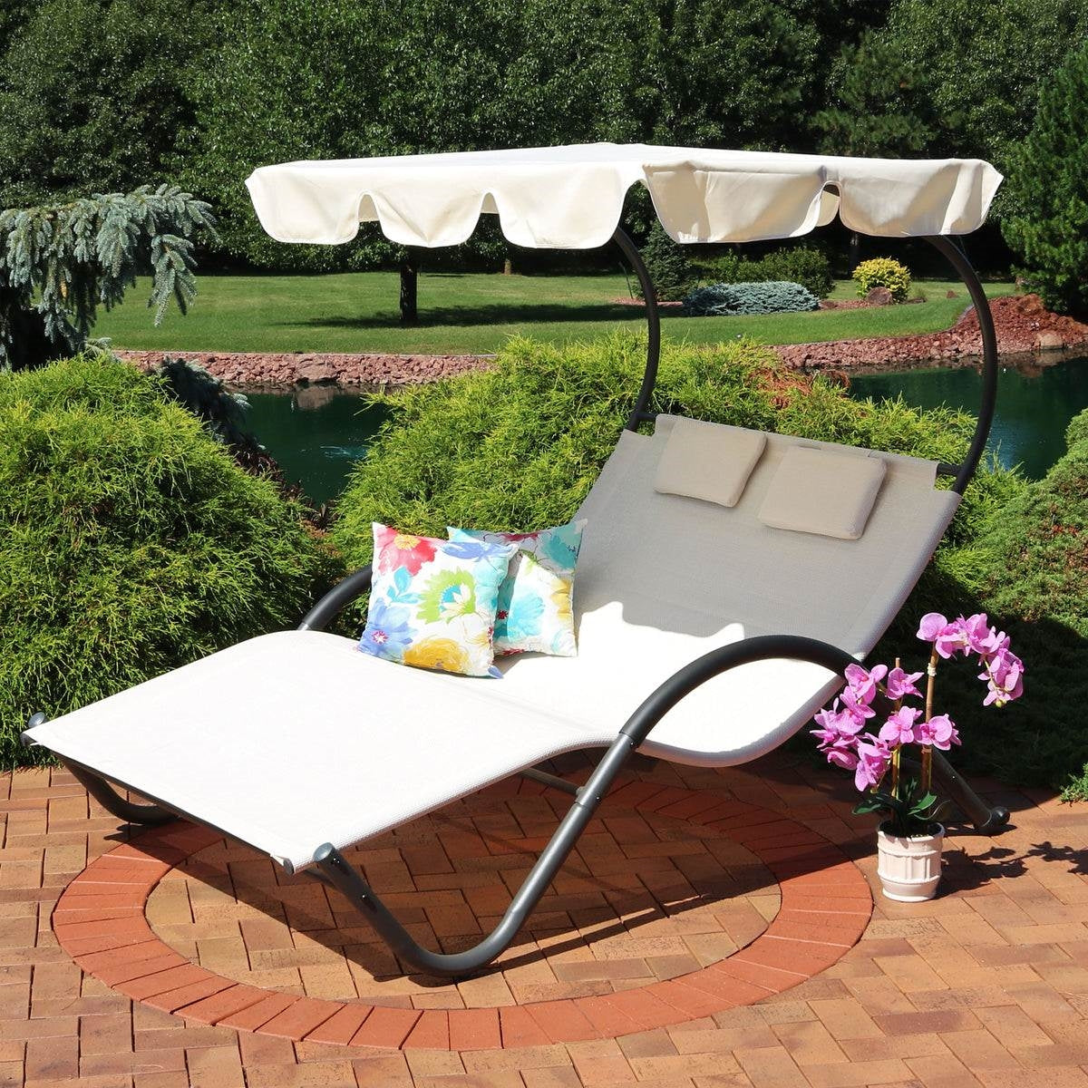 Fast Furnishings 2 Person Off White Outdoor Patio Chaise Lounger Chair Canopy Bed with Pillows