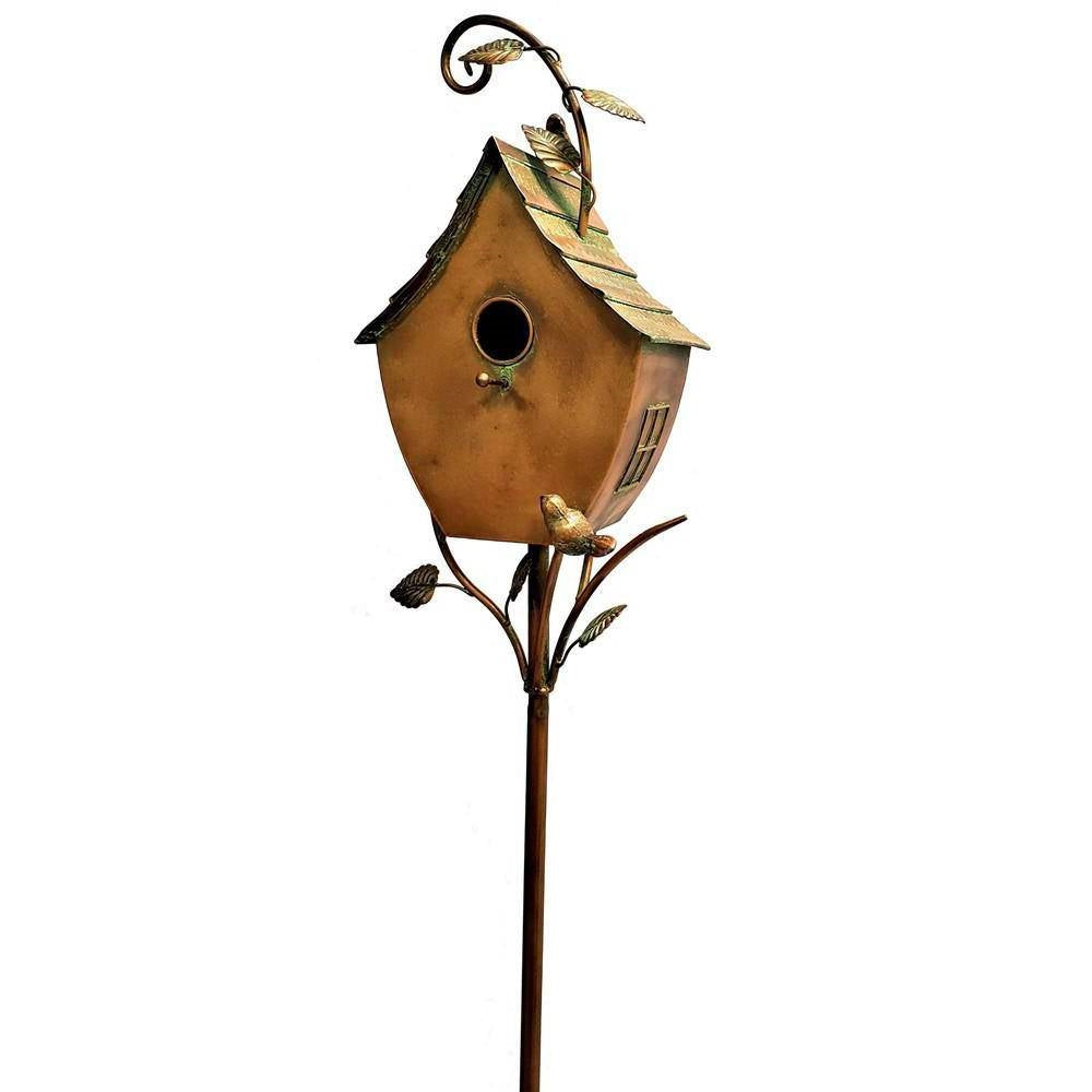 Fast Furnishings Outdoor Powder Coated Iron Birdhouse with 3-Prong Garden Stake in Copper Finish