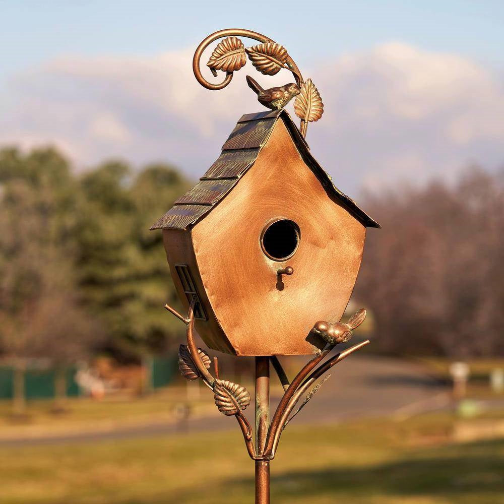 Fast Furnishings Outdoor Powder Coated Iron Birdhouse with 3-Prong Garden Stake in Copper Finish