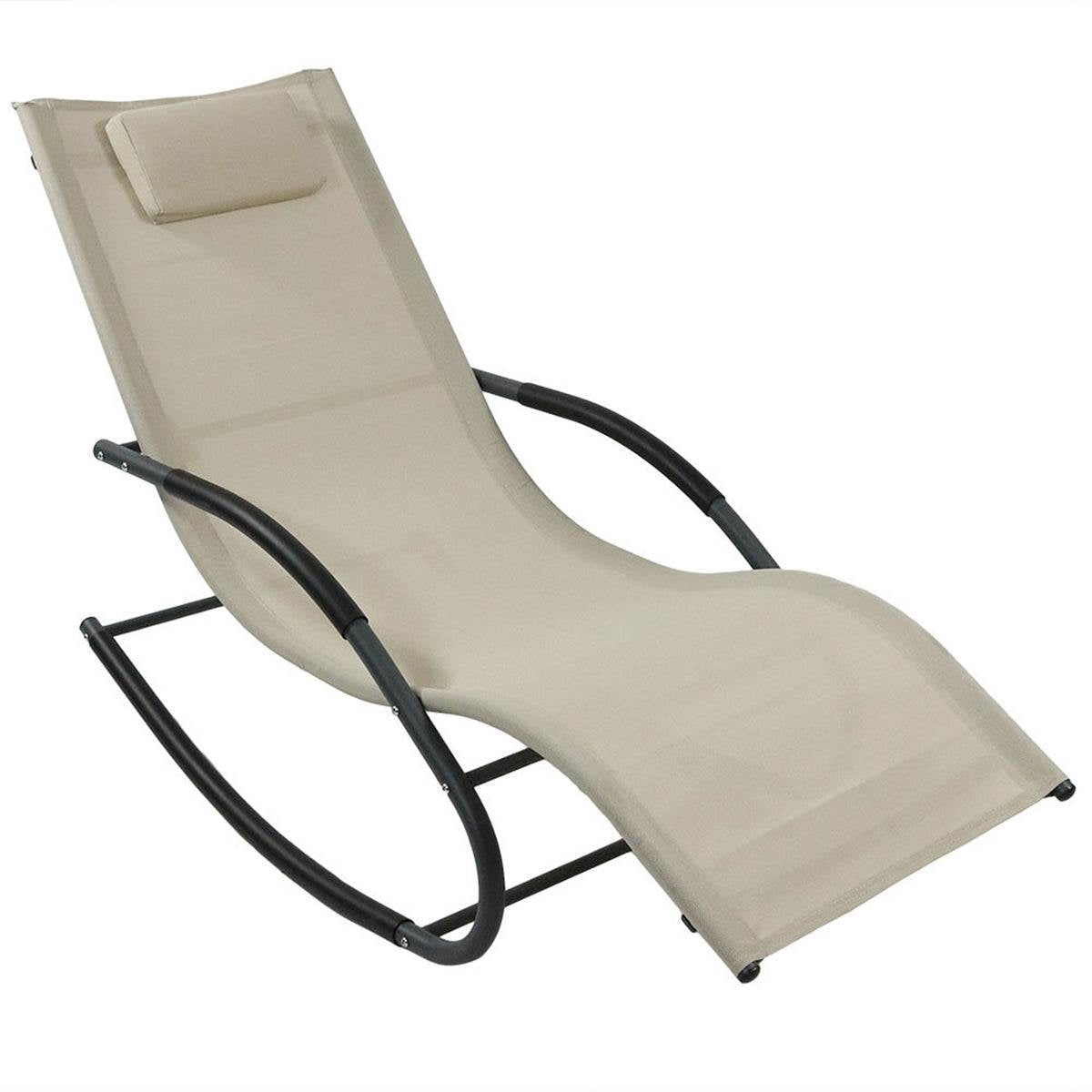 Fast Furnishings Modern Beige Rocking Chaise Lounger Patio Lounge Chair with Pillow