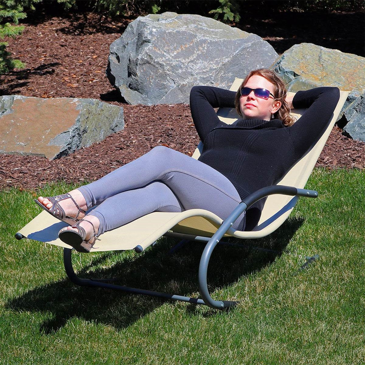 Fast Furnishings Modern Beige Rocking Chaise Lounger Patio Lounge Chair with Pillow