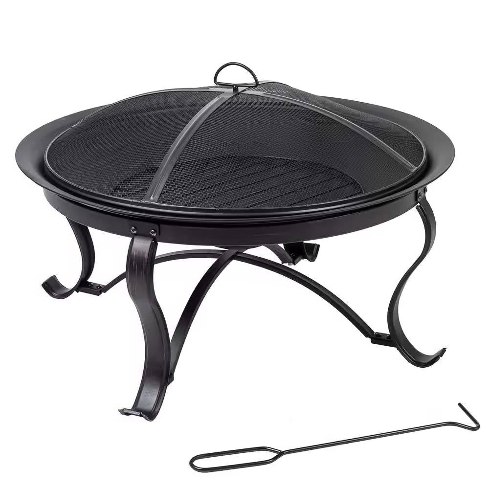 Fast Furnishings 30-inch Round Steel Outdoor Fire Pit with Mesh Cover and Poker in Bronze