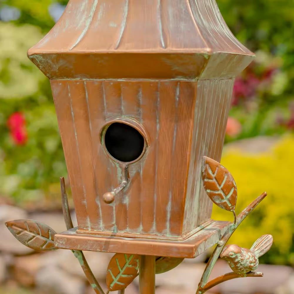 Fast Furnishings Copper Finish Metal Garden Birdhouse with Stake and Pole