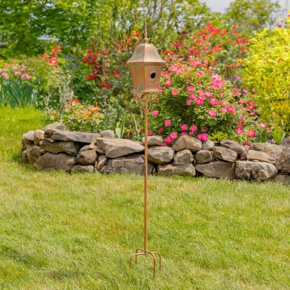 Fast Furnishings Copper Finish Metal Garden Birdhouse with Stake and Pole