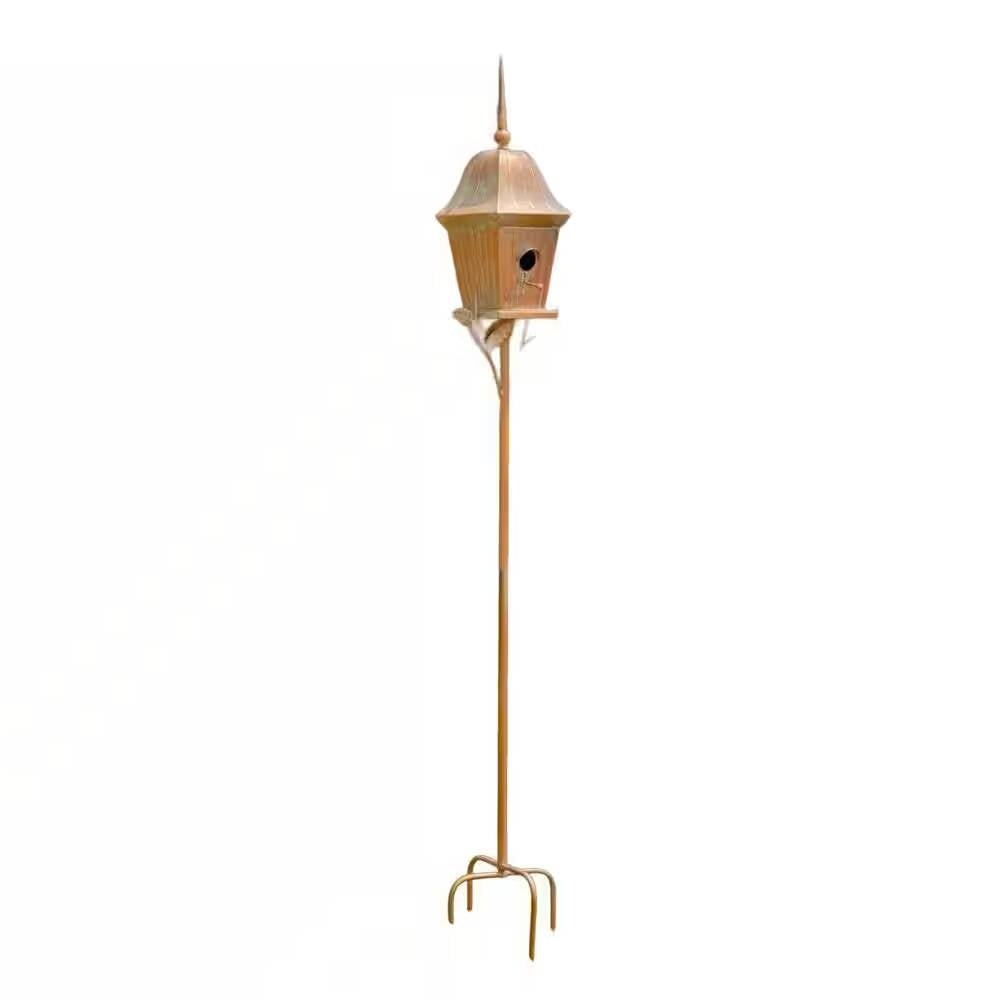 Fast Furnishings Copper Finish Metal Garden Birdhouse with Stake and Pole