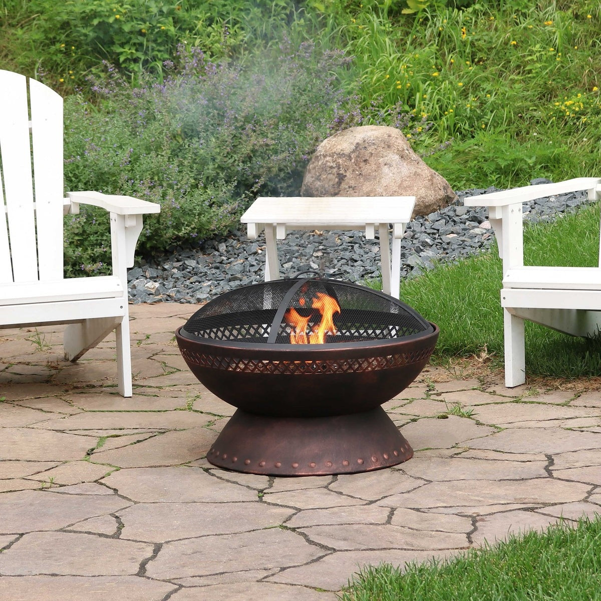 Fast Furnishings 25 Inch Copper Chalice Steel Fire Pit with Spark Screen