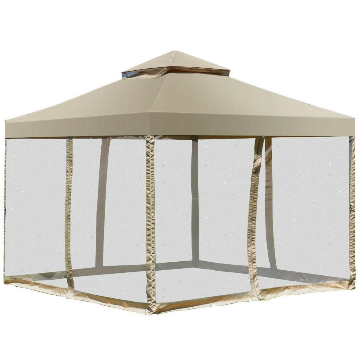 Fast Furnishings 10 x 10 Ft Outdoor Gazebo with Tan Brown Polyester Canopy and Mesh Side Walls