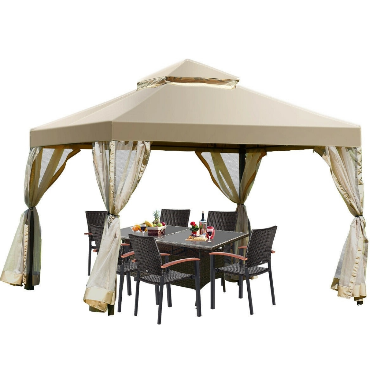 Fast Furnishings 10 x 10 Ft Outdoor Gazebo with Tan Brown Polyester Canopy and Mesh Side Walls