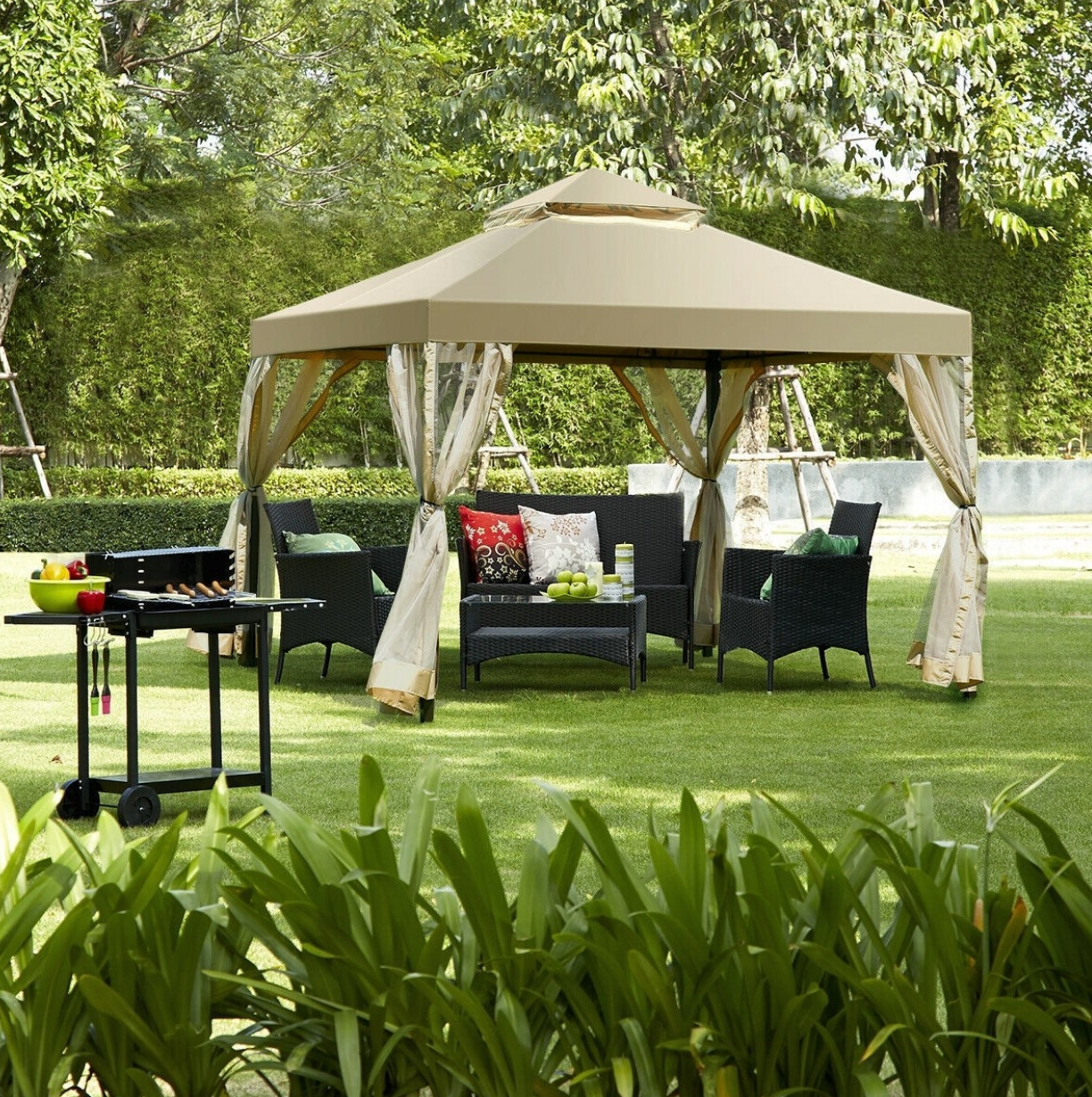 Fast Furnishings 10 x 10 Ft Outdoor Gazebo with Tan Brown Polyester Canopy and Mesh Side Walls