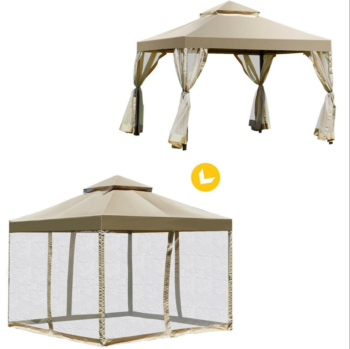 Fast Furnishings 10 x 10 Ft Outdoor Gazebo with Tan Brown Polyester Canopy and Mesh Side Walls