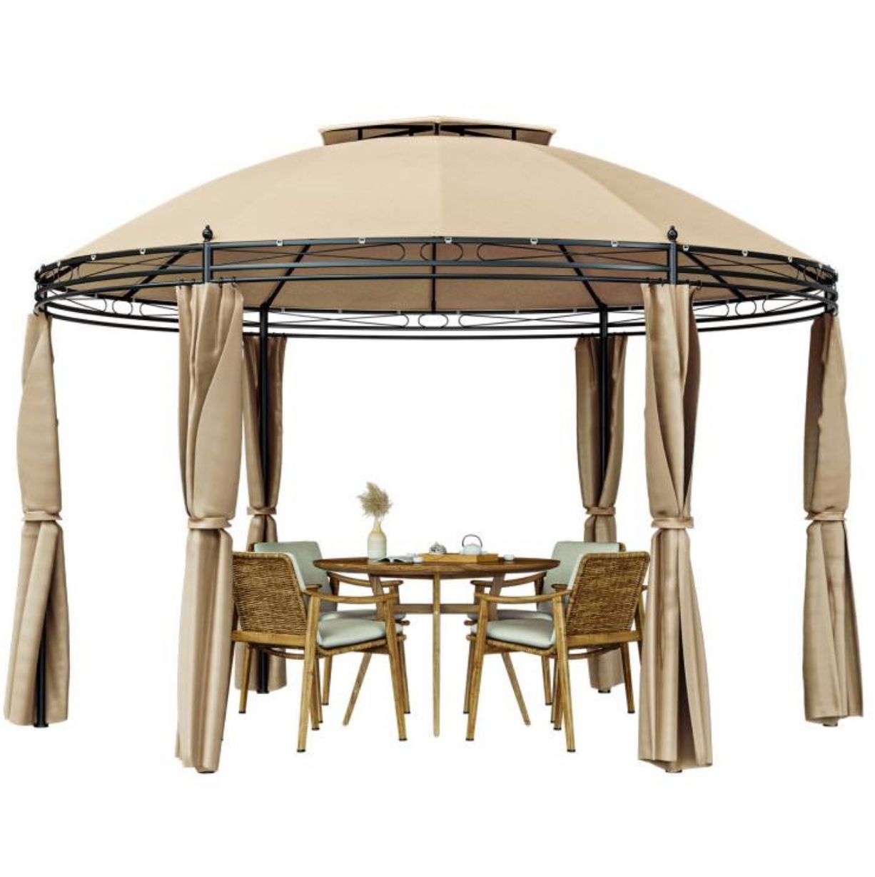 Fast Furnishings Circular Dome Hexagon Gazebo Canopy with Polyester Privacy Curtain in Brown