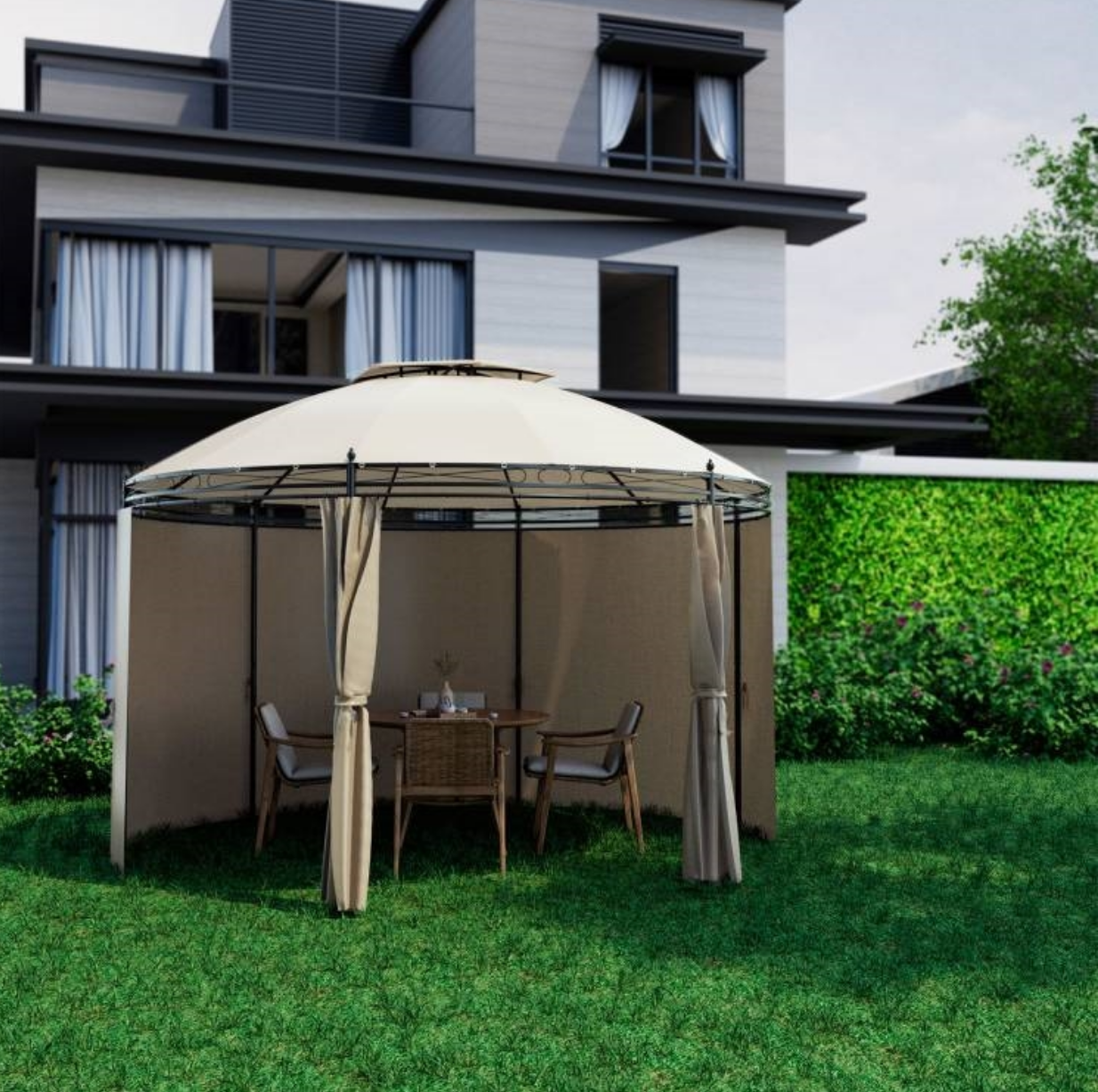 Fast Furnishings Circular Dome Hexagon Gazebo Canopy with Polyester Privacy Curtain in Brown