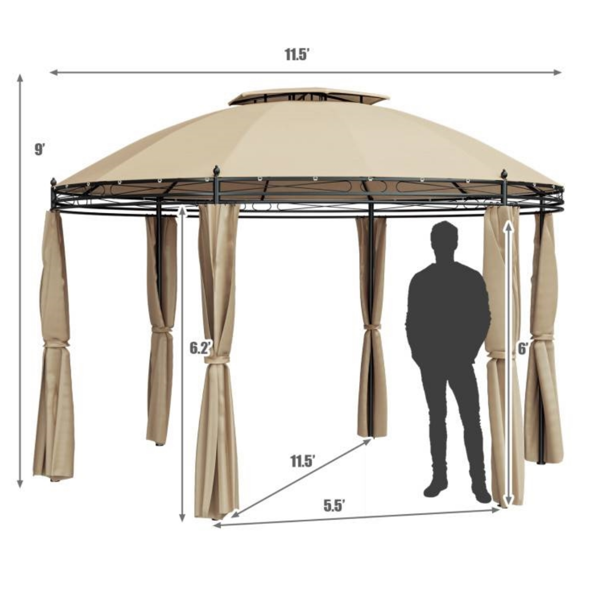 Fast Furnishings Circular Dome Hexagon Gazebo Canopy with Polyester Privacy Curtain in Brown