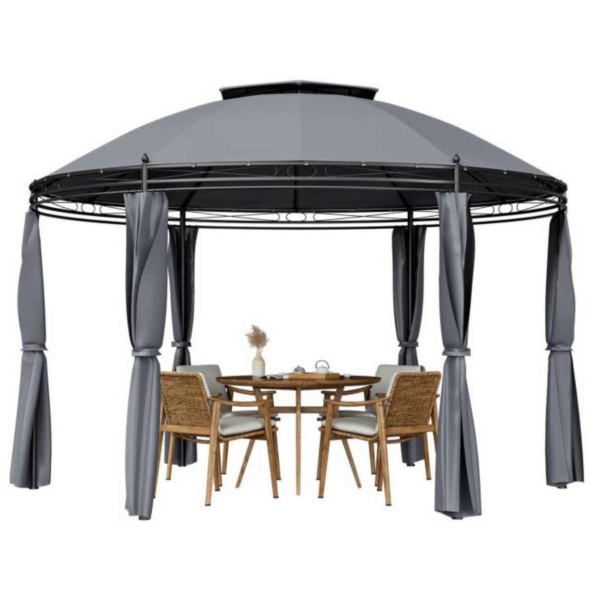 Fast Furnishings Circular Dome Hexagon Gazebo Canopy with Polyester Privacy Curtain in Grey