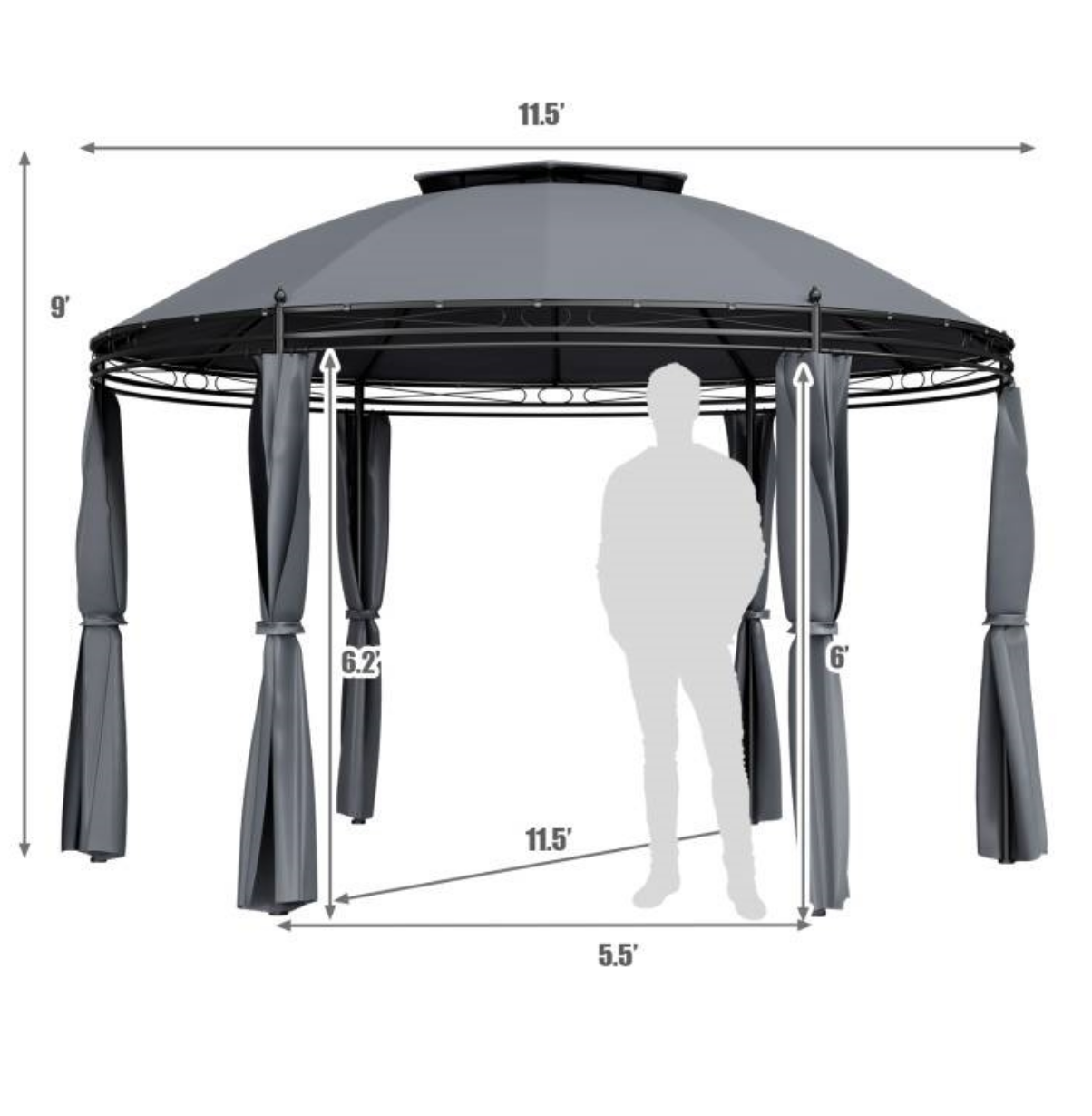 Fast Furnishings Circular Dome Hexagon Gazebo Canopy with Polyester Privacy Curtain in Grey