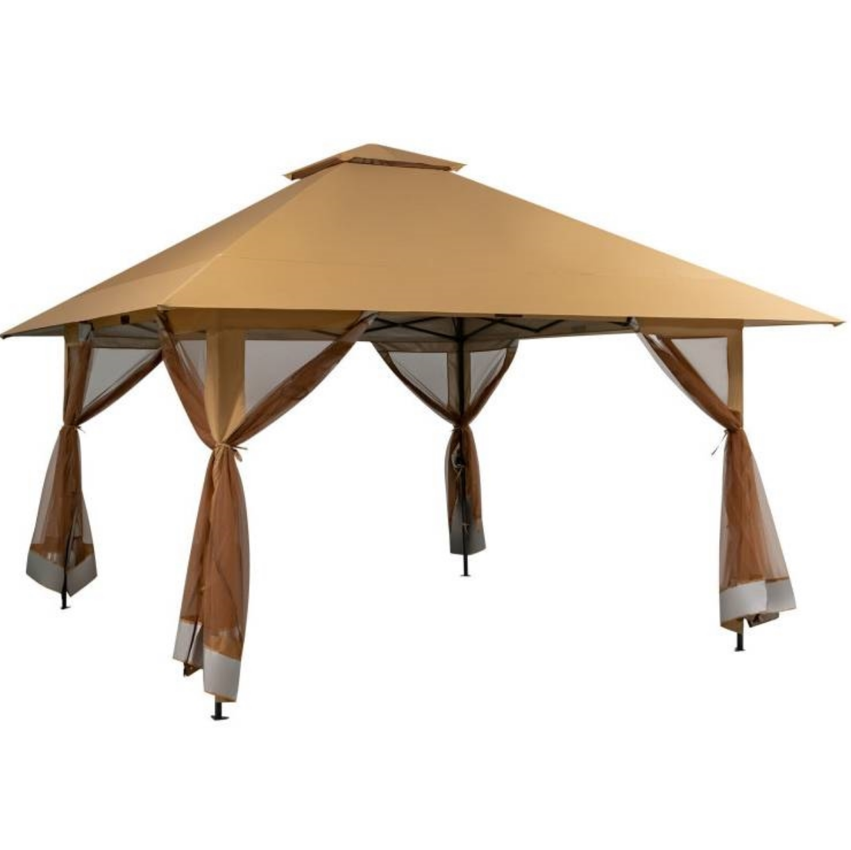 Fast Furnishings Brown 13 x 13 Ft Pop-Up Gazebo Outdoor Canopy w/ Mesh Mosquito Netting Sidewalls