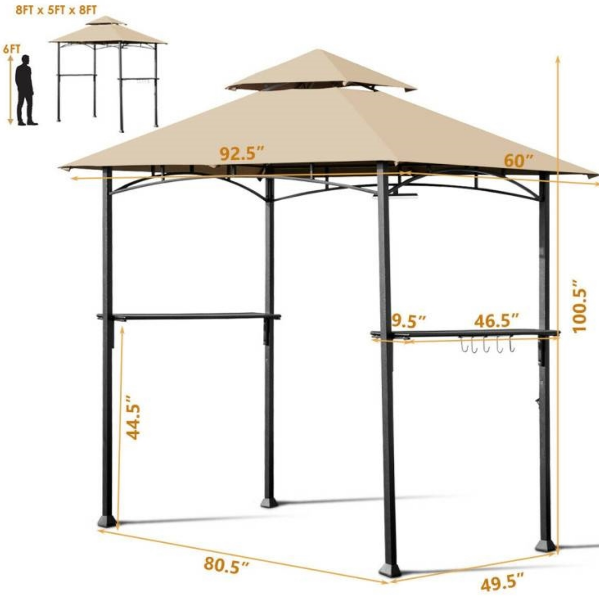 Fast Furnishings Outdoor 8 x 5 Ft Patio Grill Gazebo with Khaki Vented Canopy