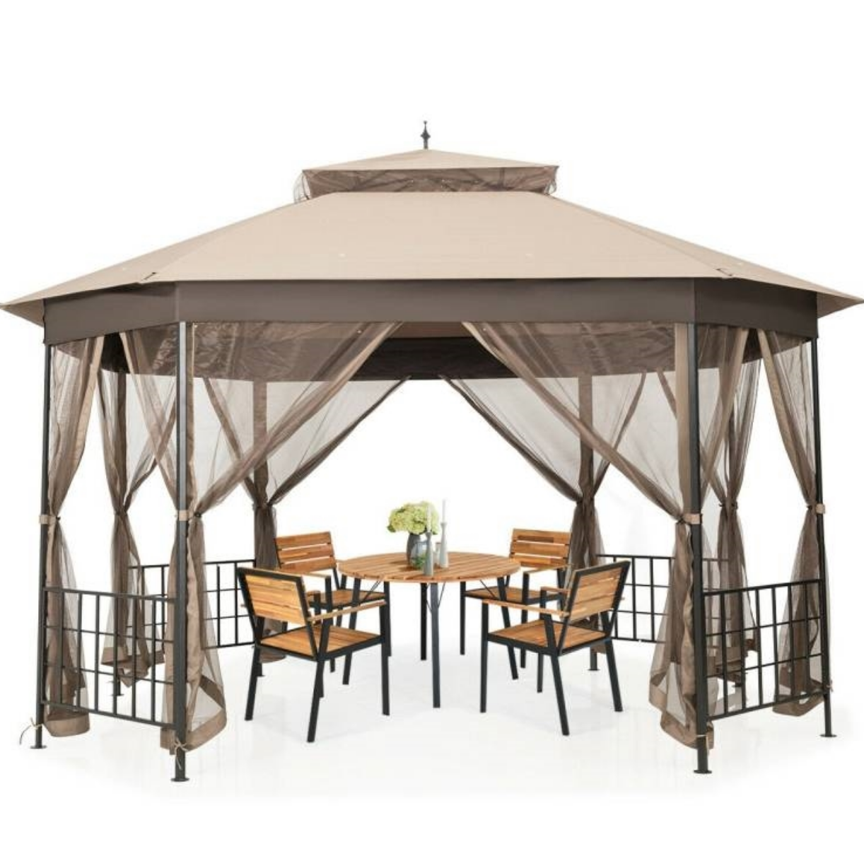 Fast Furnishings Outdoor 10 x 12 Ft Octagon Gazebo with Mosquito Net Sidewalls and Brown Canopy