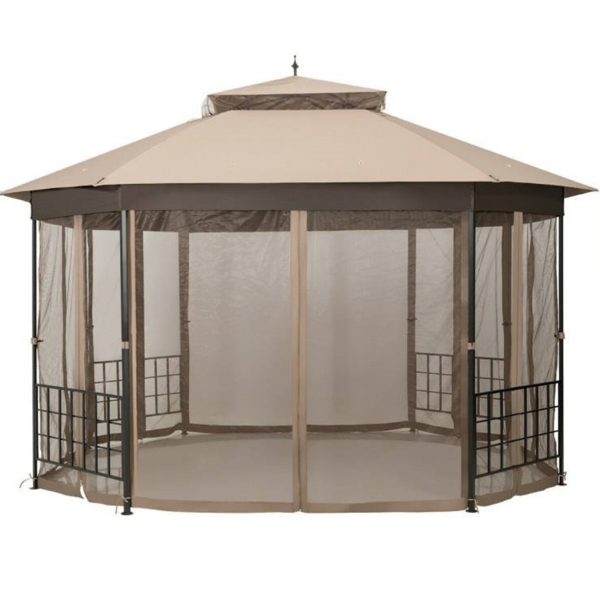 Fast Furnishings Outdoor 10 x 12 Ft Octagon Gazebo with Mosquito Net Sidewalls and Brown Canopy