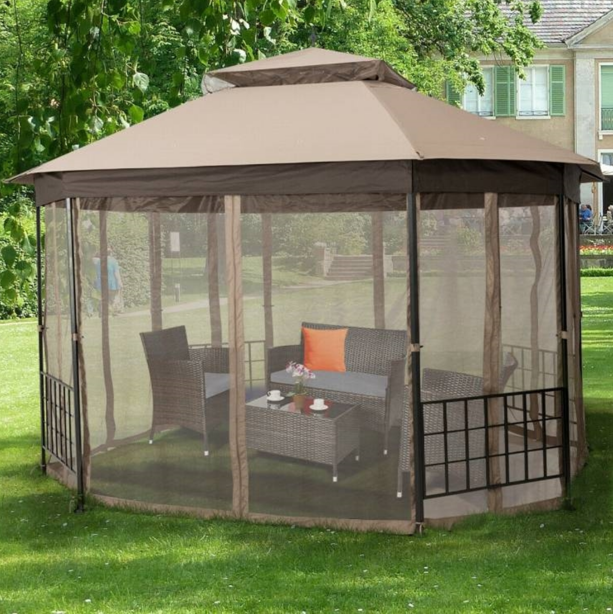 Fast Furnishings Outdoor 10 x 12 Ft Octagon Gazebo with Mosquito Net Sidewalls and Brown Canopy