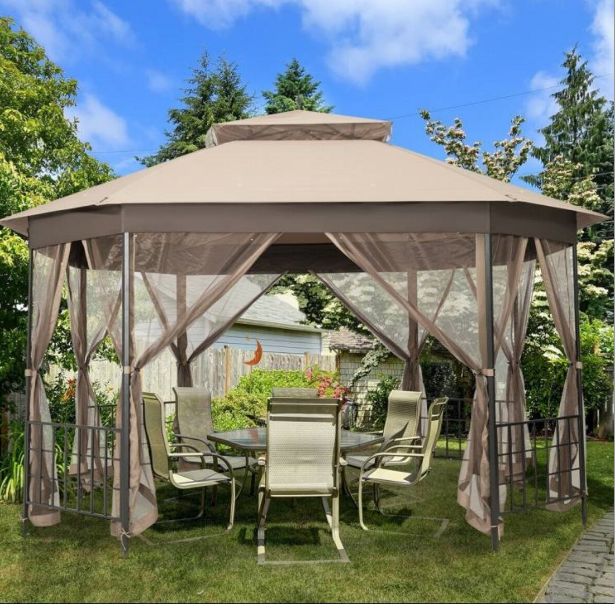 Fast Furnishings Outdoor 10 x 12 Ft Octagon Gazebo with Mosquito Net Sidewalls and Brown Canopy