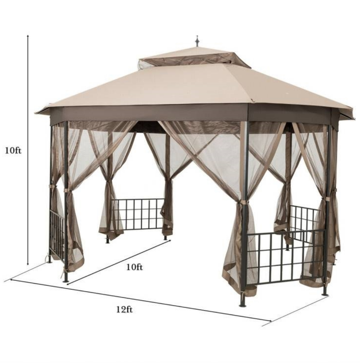 Fast Furnishings Outdoor 10 x 12 Ft Octagon Gazebo with Mosquito Net Sidewalls and Brown Canopy