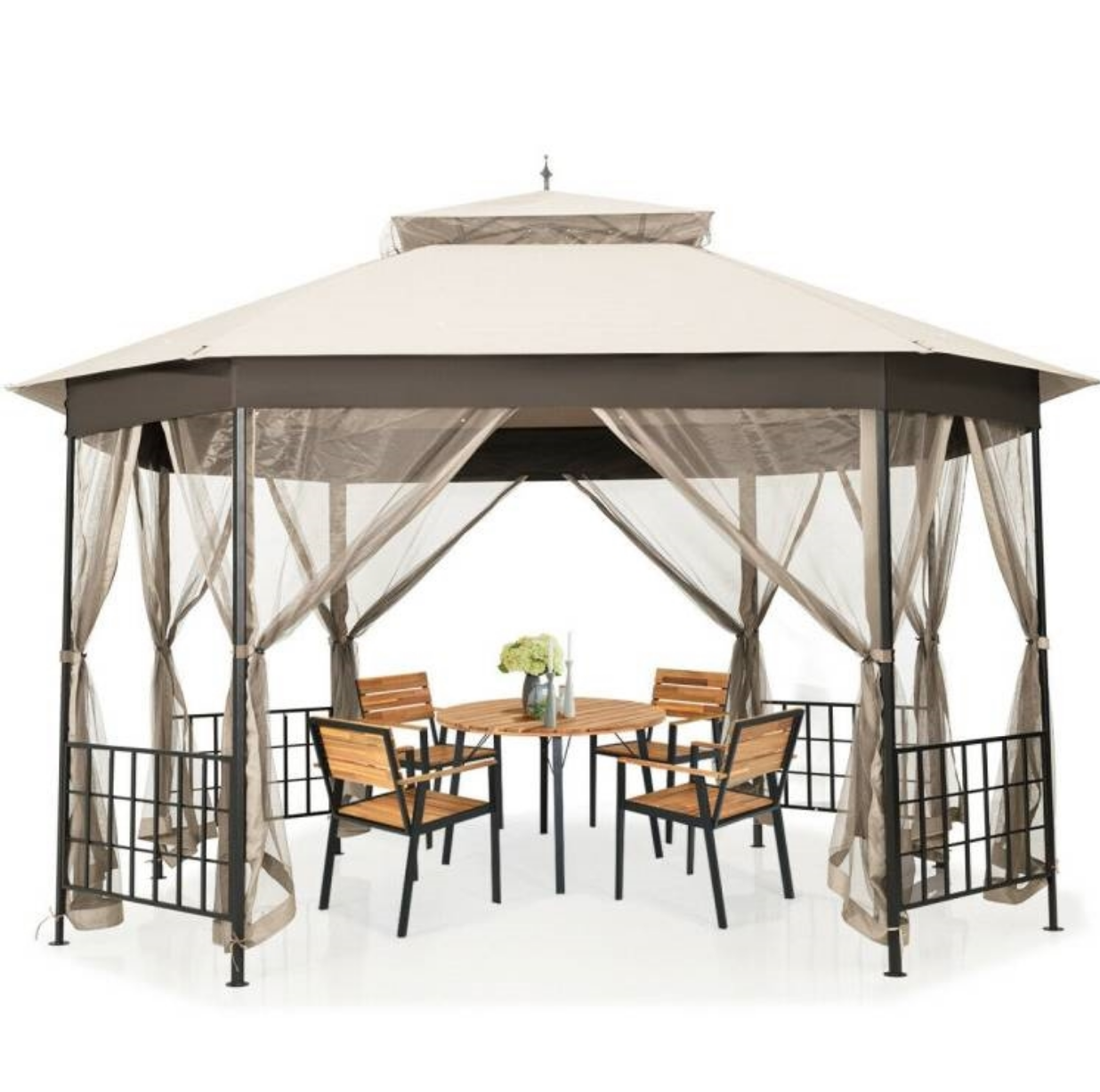 Fast Furnishings Outdoor 10 x 12 Ft Octagon Gazebo with Mosquito Net Sidewalls and Beige Canopy