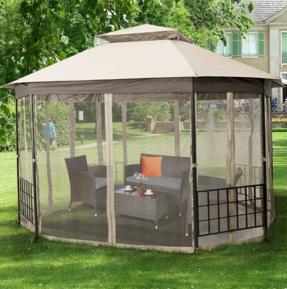 Fast Furnishings Outdoor 10 x 12 Ft Octagon Gazebo with Mosquito Net Sidewalls and Beige Canopy