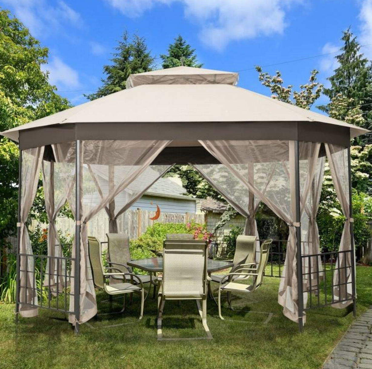 Fast Furnishings Outdoor 10 x 12 Ft Octagon Gazebo with Mosquito Net Sidewalls and Beige Canopy