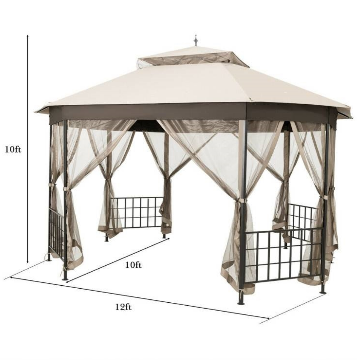 Fast Furnishings Outdoor 10 x 12 Ft Octagon Gazebo with Mosquito Net Sidewalls and Beige Canopy