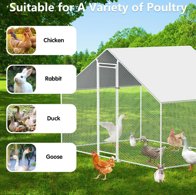 Fast Furnishings 9.8 Ft x 6.5 Ft Outdoor Metal Walk-in Chicken Coop Cage with Waterproof Cover