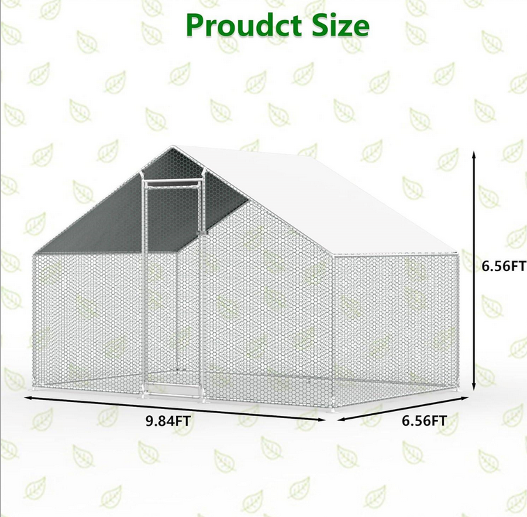 Fast Furnishings 9.8 Ft x 6.5 Ft Outdoor Metal Walk-in Chicken Coop Cage with Waterproof Cover