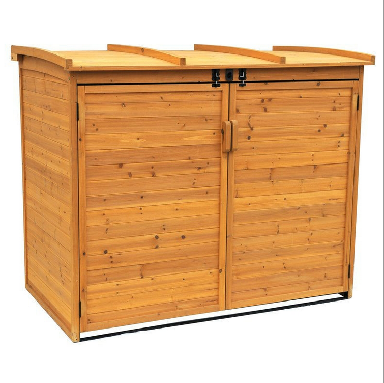 Fast Furnishings Outdoor 65 x 38 inch Wood Storage Shed for Trash Garbage Recycle Bins