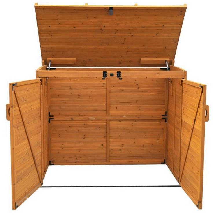 Fast Furnishings Outdoor 65 x 38 inch Wood Storage Shed for Trash Garbage Recycle Bins