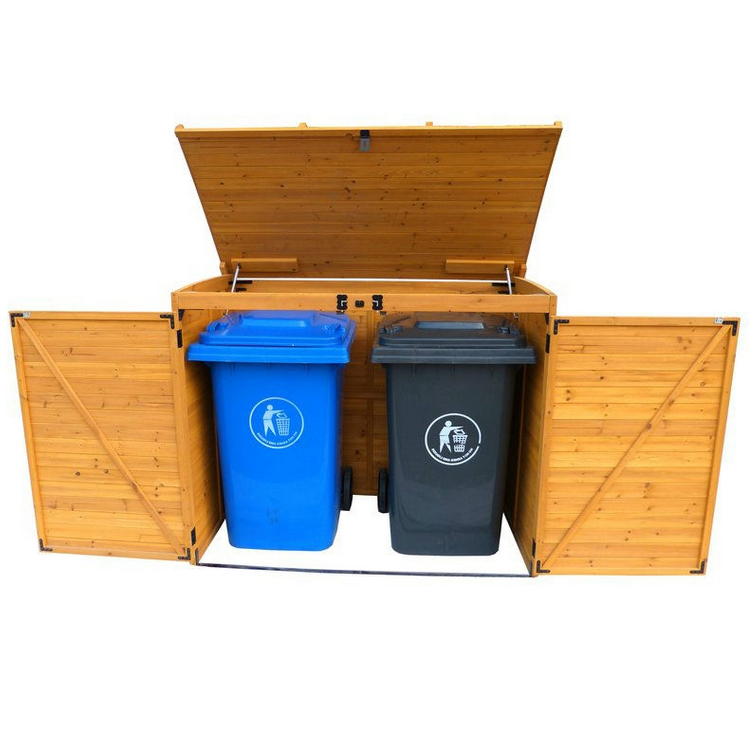 Fast Furnishings Outdoor 65 x 38 inch Wood Storage Shed for Trash Garbage Recycle Bins