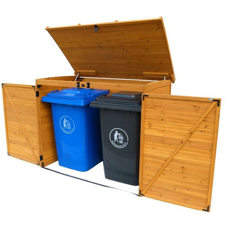 Fast Furnishings Outdoor 65 x 38 inch Wood Storage Shed for Trash Garbage Recycle Bins