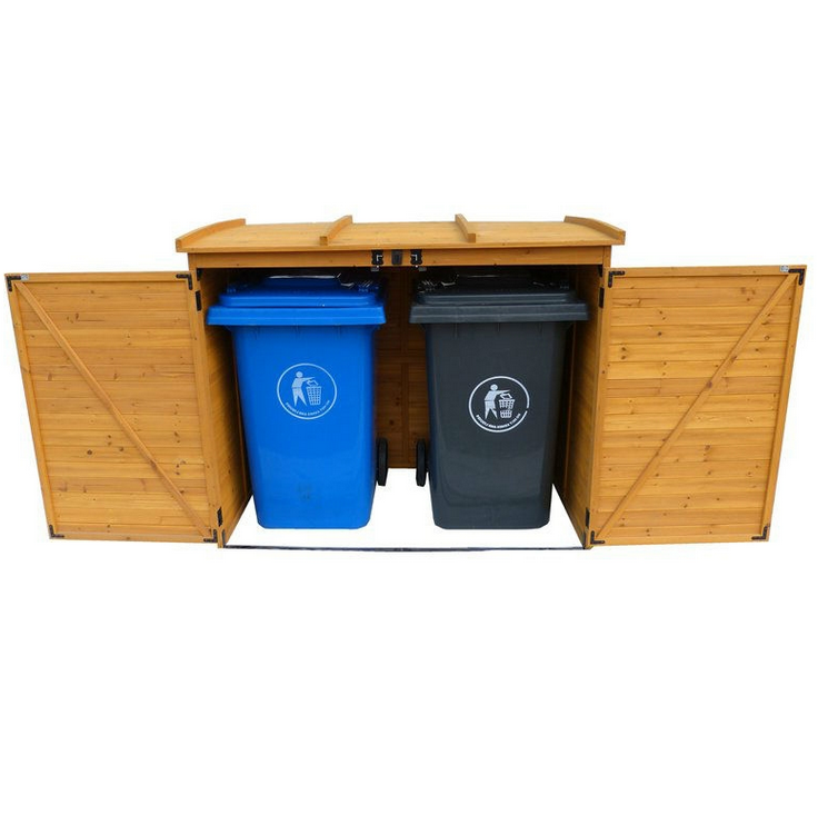 Fast Furnishings Outdoor 65 x 38 inch Wood Storage Shed for Trash Garbage Recycle Bins