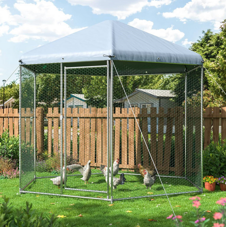 Fast Furnishings Hexagonal 9.2 Ft Outdoor Backyard Walk-in Metal Chicken Coop w/ Waterproof Cover