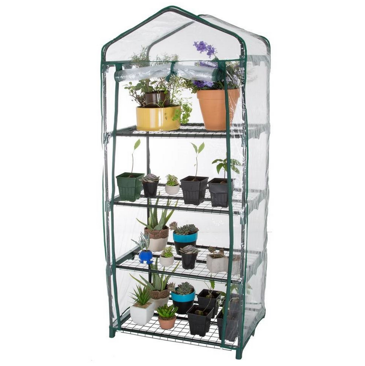 Fast Furnishings Durable 4-Tier Plant Stand Greenhouse with Zippered PVC CoverSide Walls